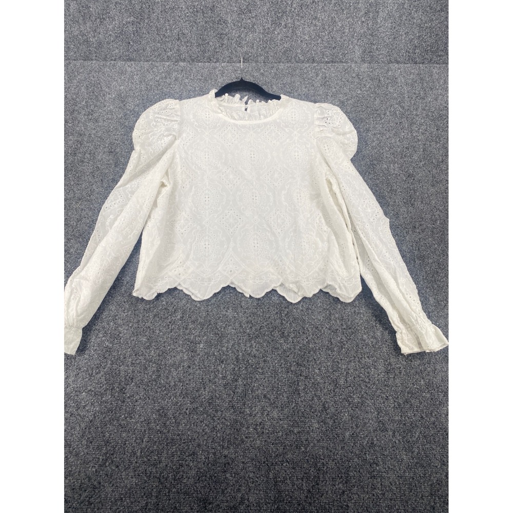 Able Los Angeles Eyelet Lace Blouse Womens White Puff Sleeve Scallop Hem Top NWT